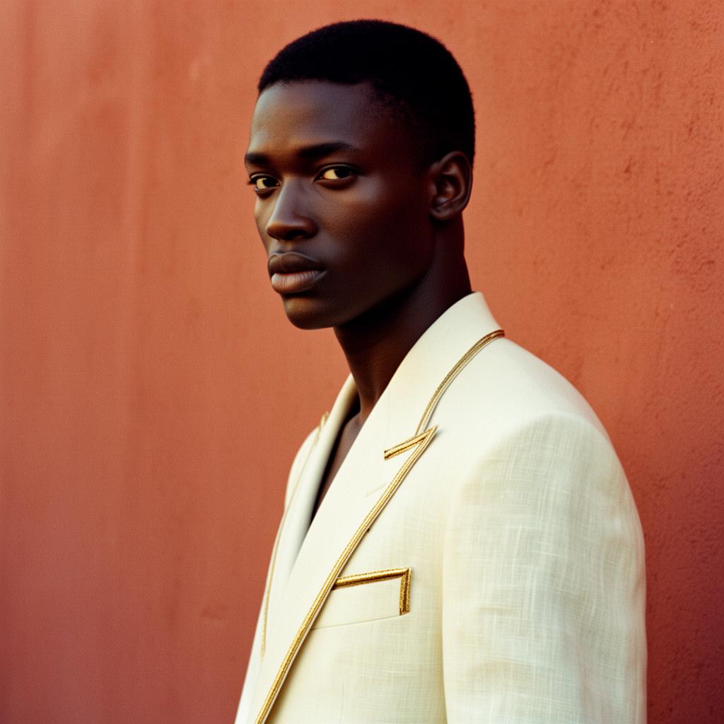 Kwame wearing Ivory Linen, Gold Piping